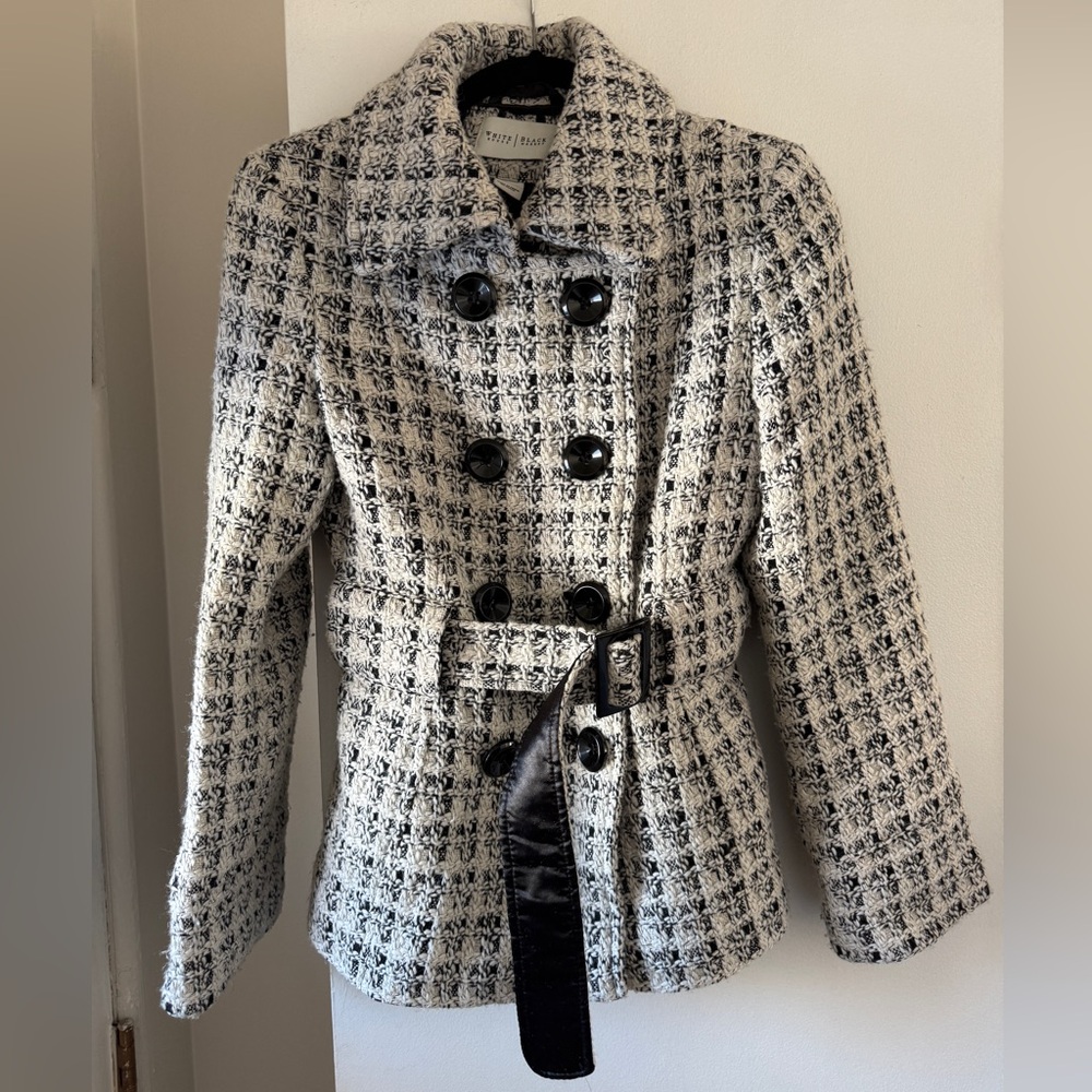 White House Black Market Black and White Tweed Pea Coat